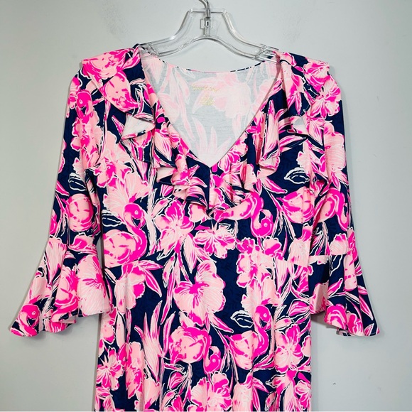 LILLY PULITZER STIRLING DRESS STYLE 001144 INKY NAVY FLAMINGLE XS RUFFLE A-LINE - Picture 8 of 14